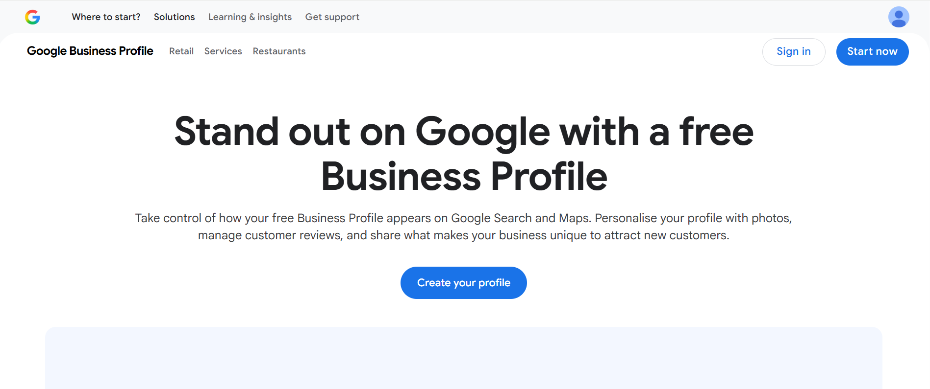 Google Business Profile home page with the Create your profile and Sign in buttons