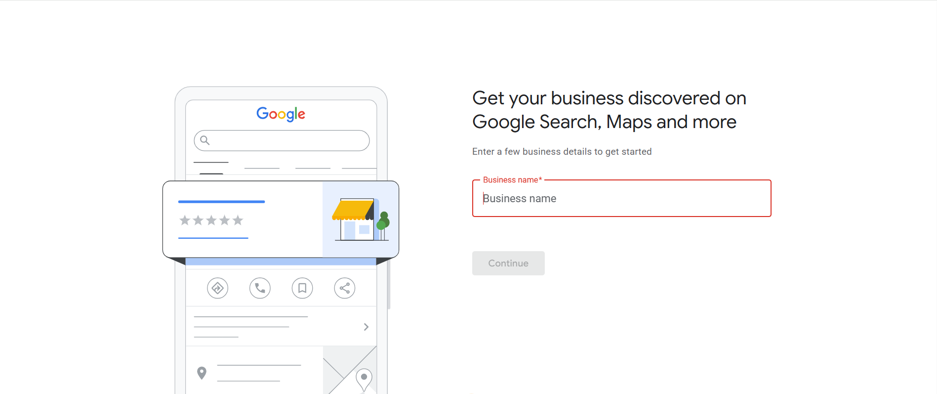 Google Business Profile setup screen asking for your business name