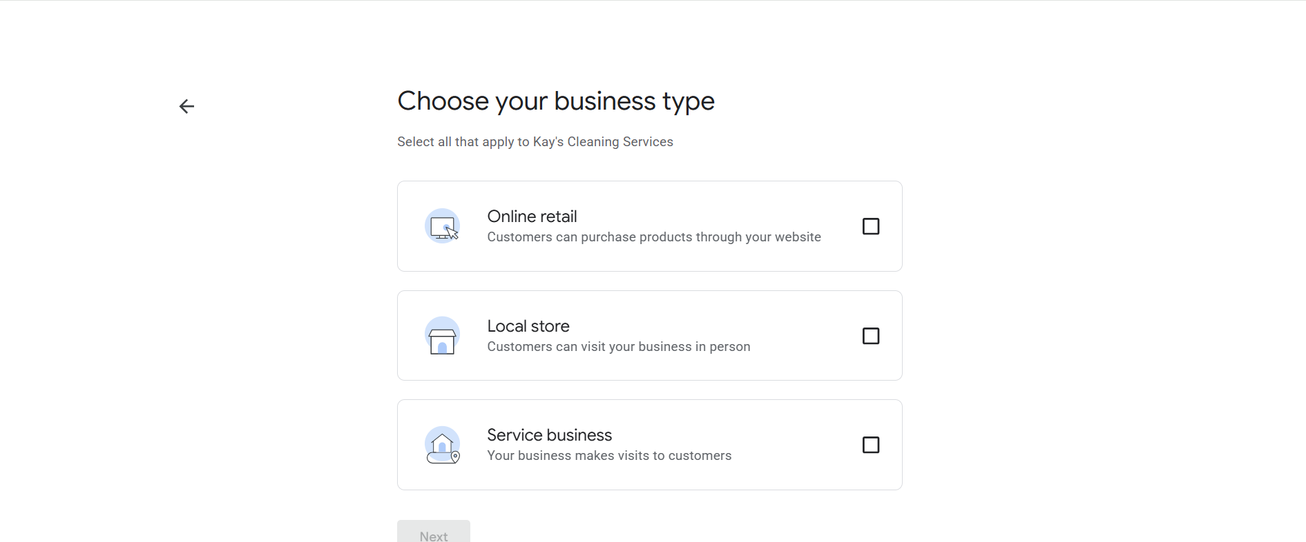 Choose your business type screen with Online retail, Local store and Service business options