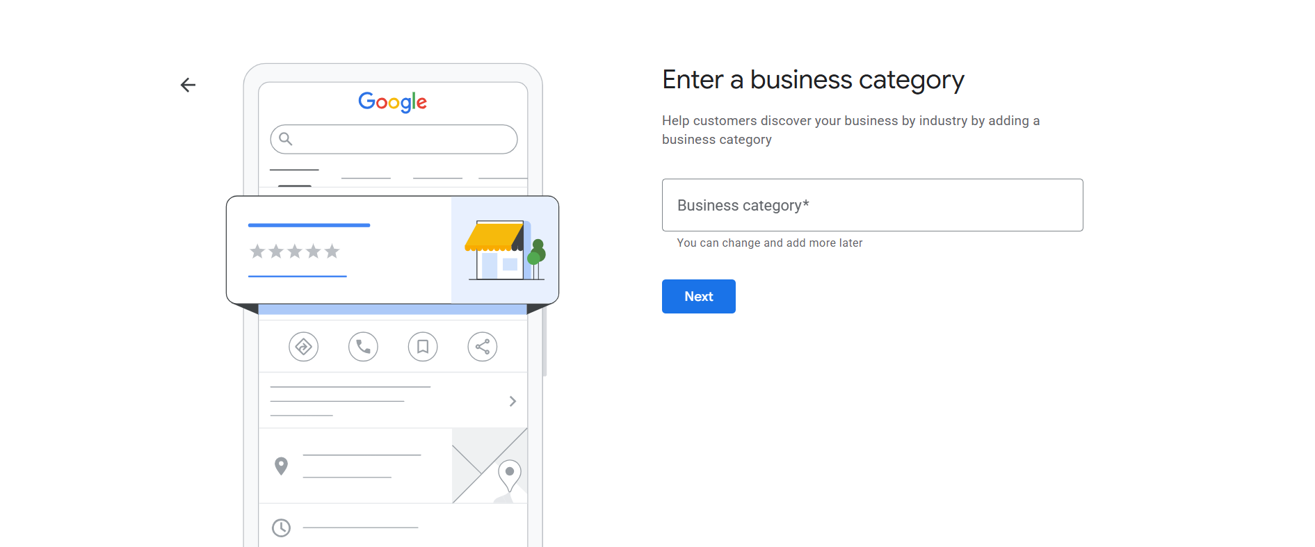 Enter a business category screen on Google Business Profile setup