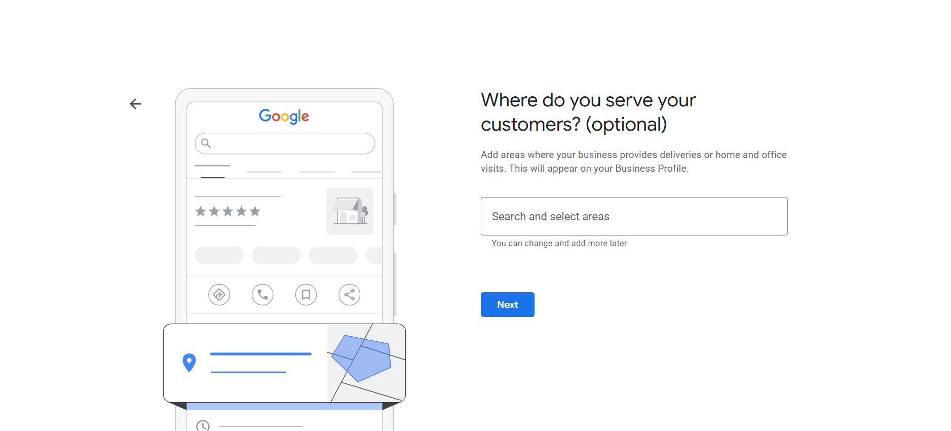 Where do you serve your customers screen for setting a service area