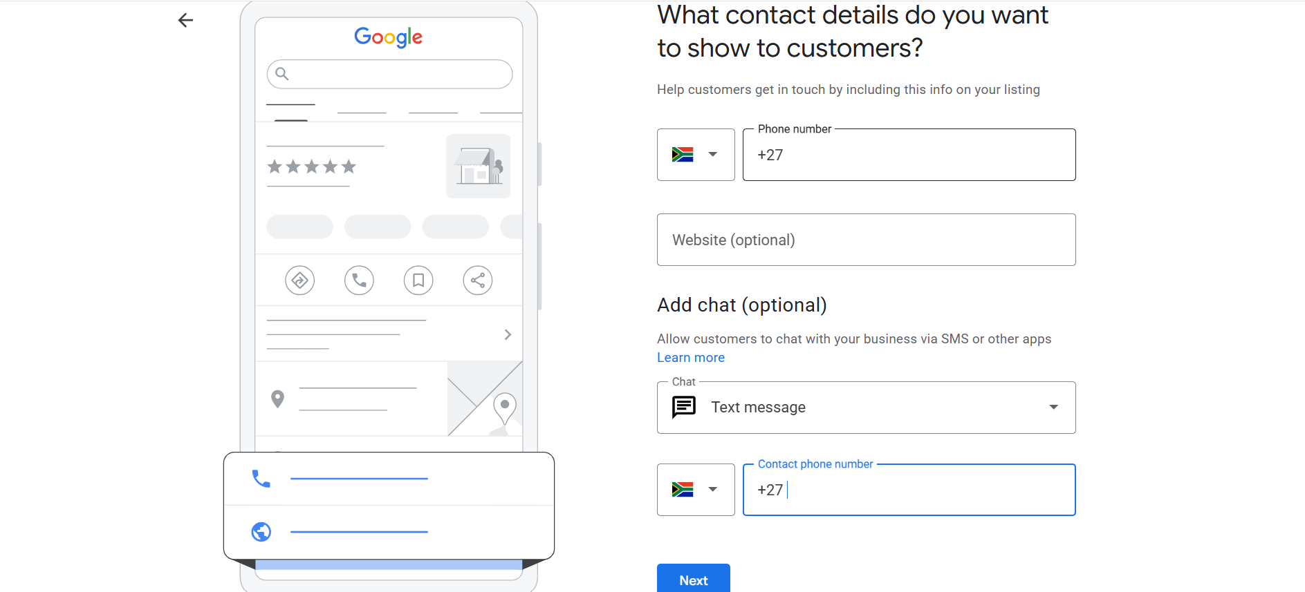 What contact details do you want to show screen with phone, website and add chat options
