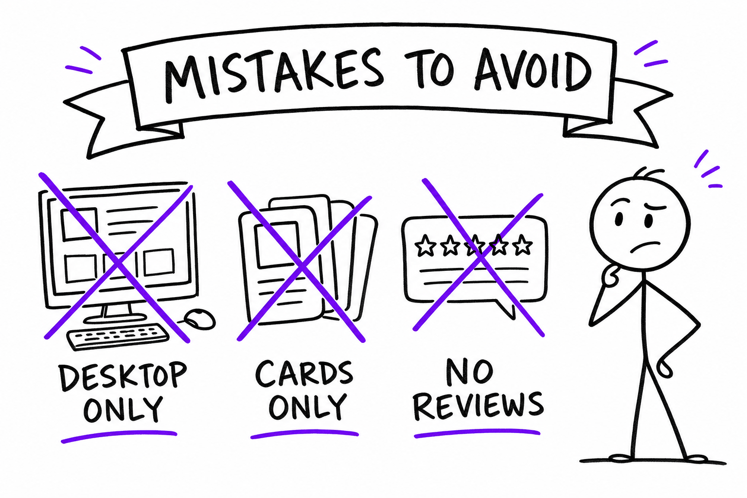 Doodle: online store mistakes to avoid, desktop-only, cards-only, no reviews