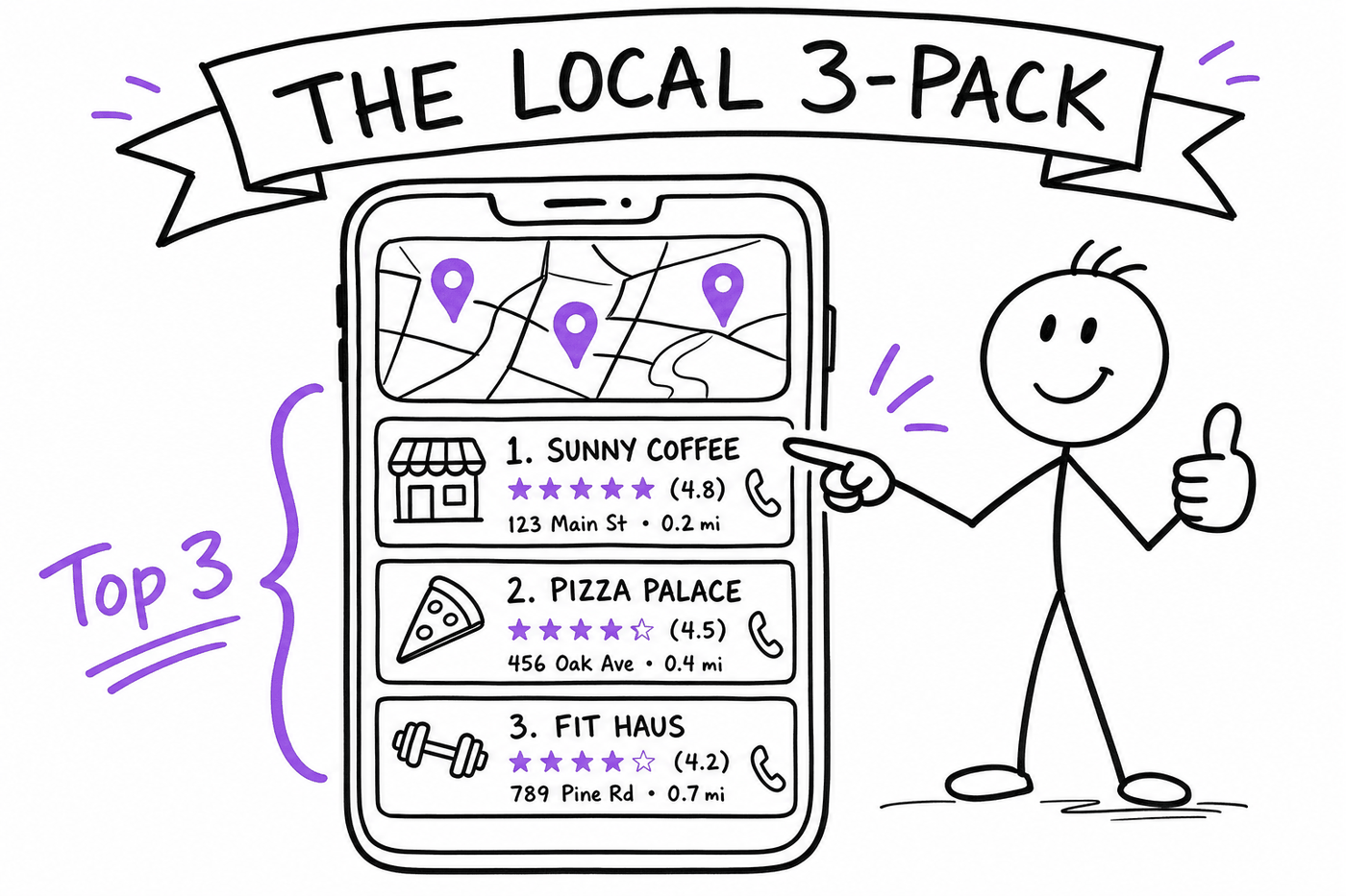 Doodle of a phone showing the local 3-pack: a map with pins and the top three business listings grouped as Top 3