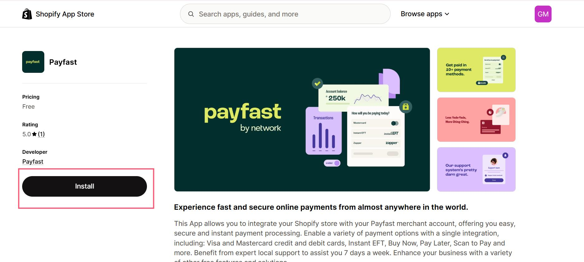 PayFast app listing on the Shopify App Store with the Install button