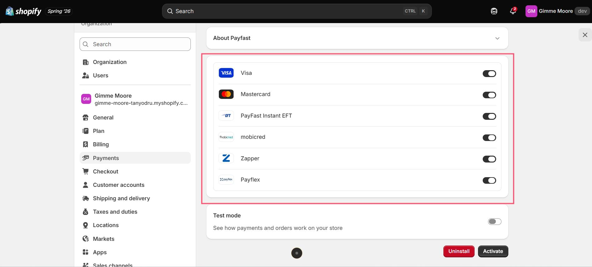 Shopify About Payfast panel listing Visa, Mastercard, PayFast Instant EFT, mobicred, Zapper and Payflex, with the Activate button
