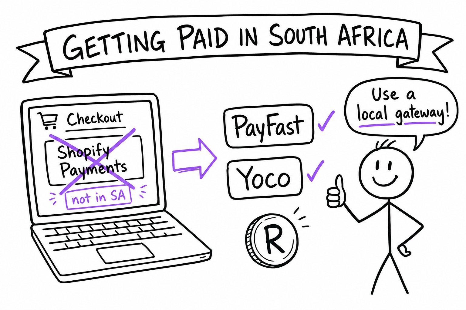 Getting paid on Shopify in South Africa — Shopify Payments isn't available, so connect a local gateway like PayFast or Yoco