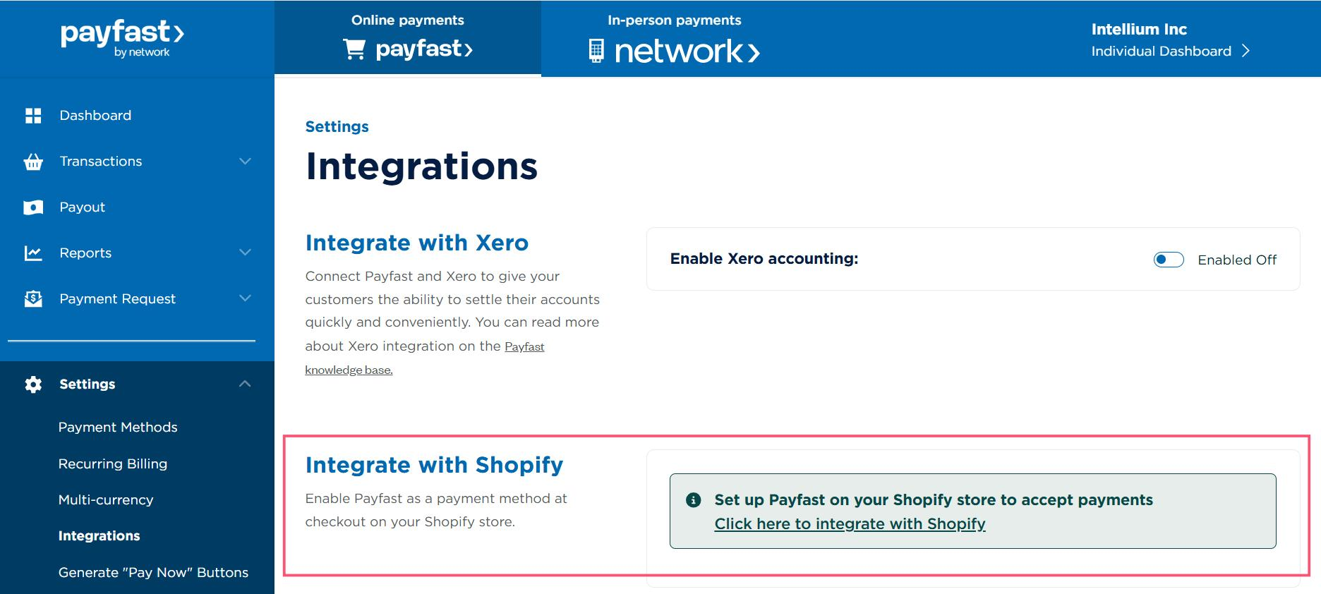 PayFast dashboard Settings, Integrations page showing the Integrate with Shopify option
