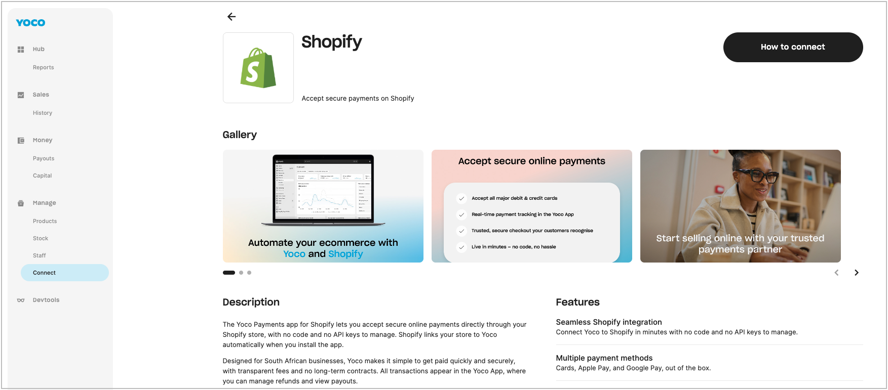 Yoco's Shopify integration page inside Yoco Connect, with the How to Connect button