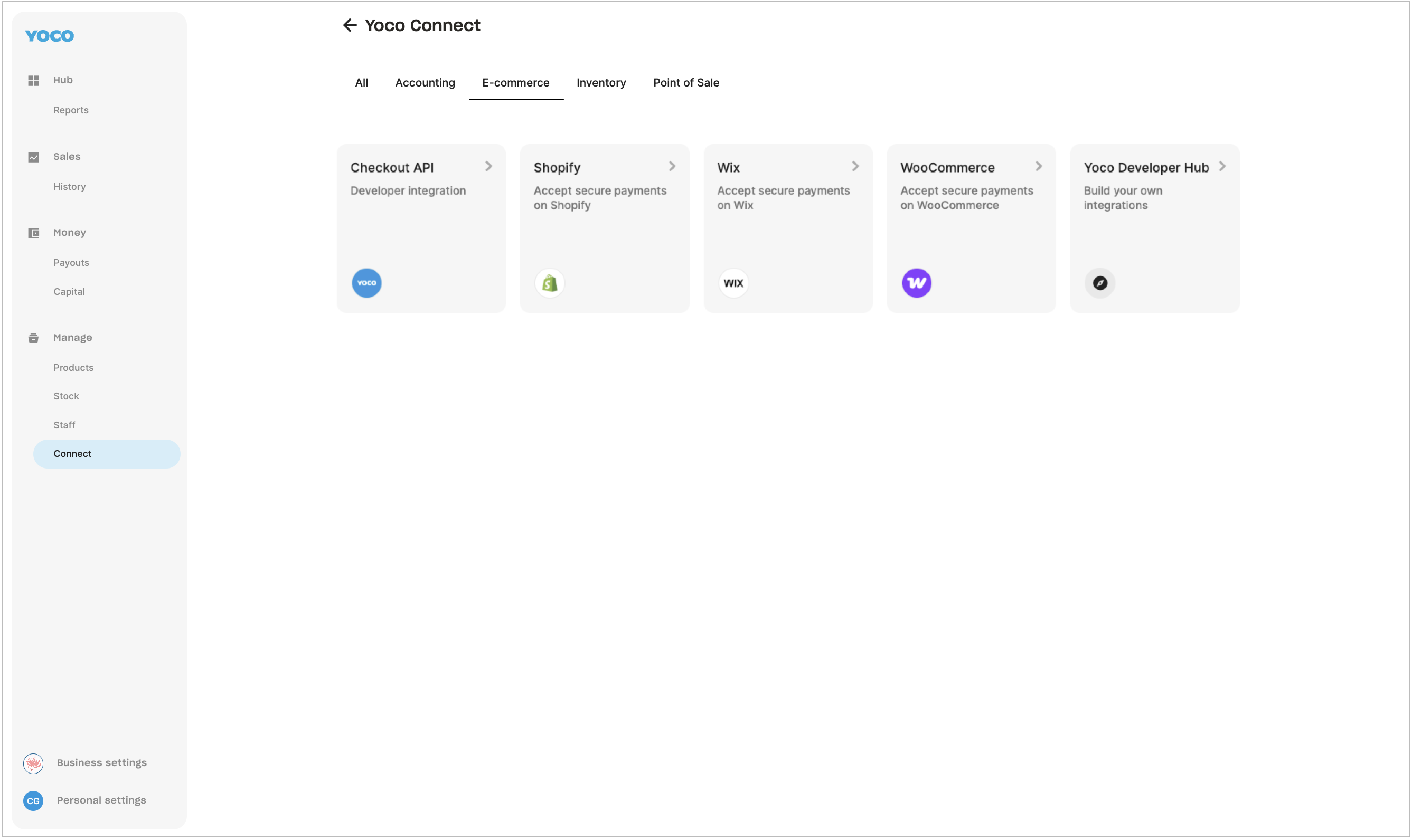 Yoco Connect e-commerce tab showing Checkout API, Shopify, Wix, WooCommerce and Yoco Developer Hub tiles